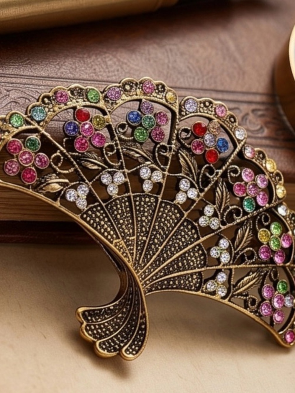 Vintage-Style Multicolor Crystal Fan Brooch - Women Jewelry